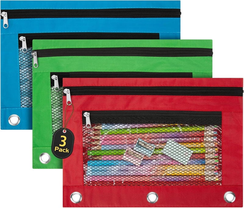 IKAYAS 3 Pack Pencil Pouch for 3 Ring Binder with Zipper, Pencil Pouch Bags for Classroom, Storing School Students Teacher Supplies, Red Green Blue - Image 1